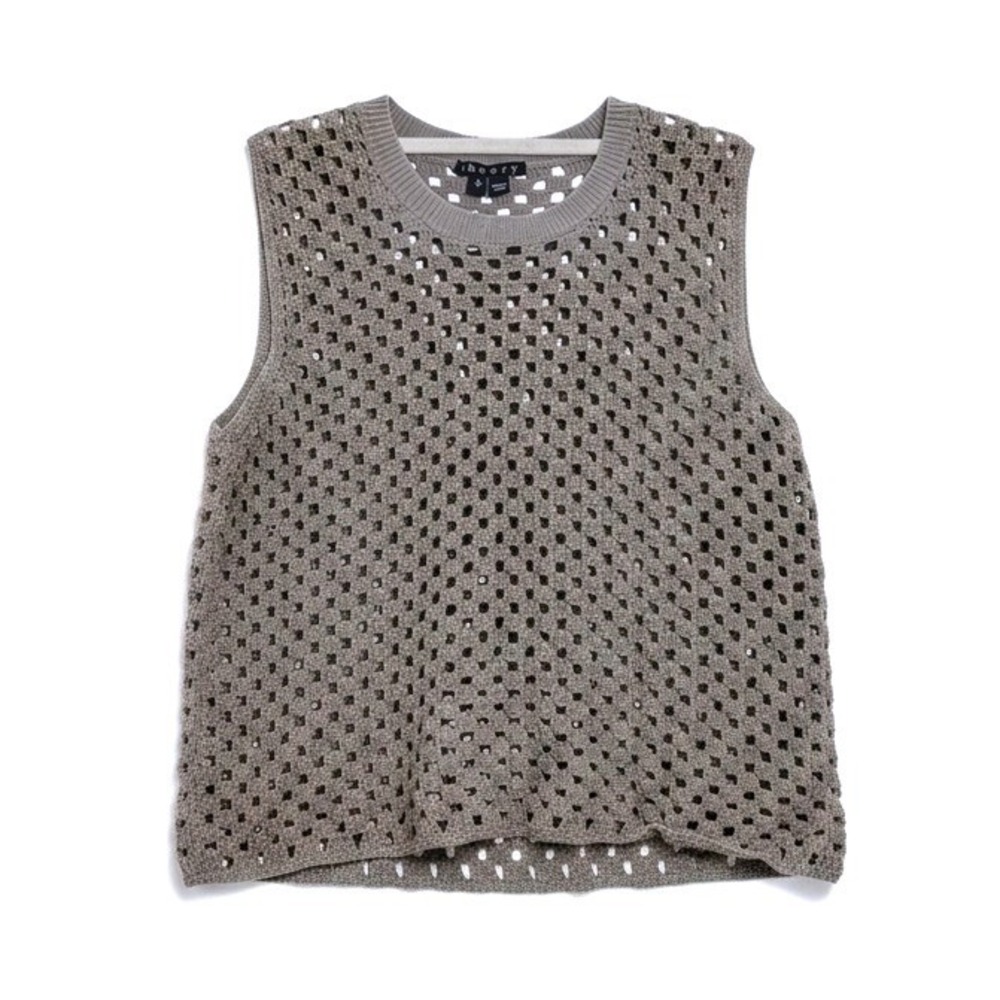 Theory Gray Open Knit Crochet Sleeveless Sweater Tank Top Size Small